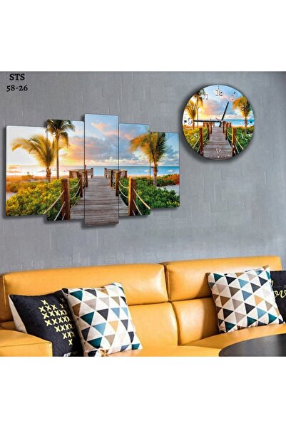 fabriflow exclusive Sahil İskele Deniz Manzaralı Tablo ve Saat Set