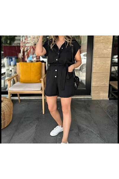 Albeni Giyim Düğmeli Cepli Kuşaklı Keten Tulum