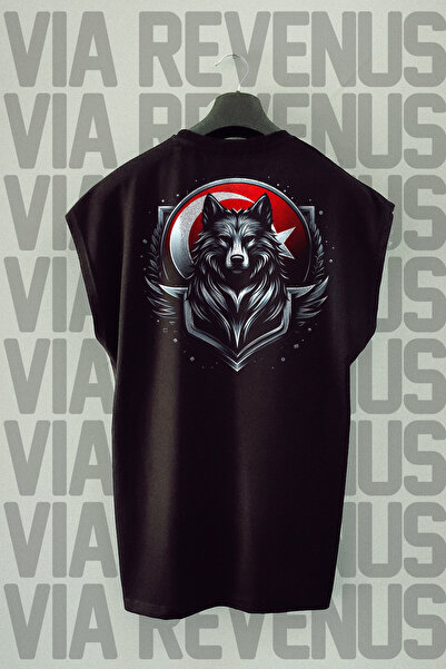 Vordevia Black Oversize Gray Wolf Printed Zero Sleeve Sports T-Shirt