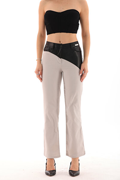 Pinpery Deri Detaylı Krem Rengi Tam Kalıp Pantolon