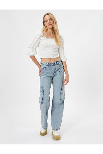 Koton Bluse mit Ballonärmeln, elastischer, quadratischer Ausschnitt