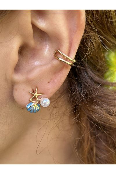ByMerve Bym530 Double Mussel Mini Earrings with Pearls and Stones - Blue, Gold Gilt