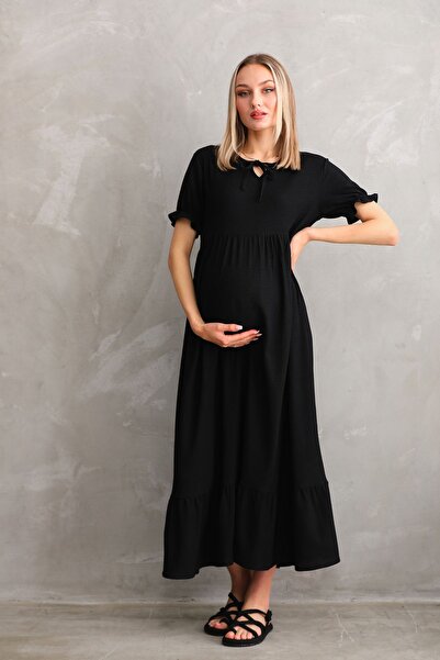 Miss Dünya Lissa Yaka Kurdele Detaylı Dokuma Hamile ve Lohusa Elbisesi