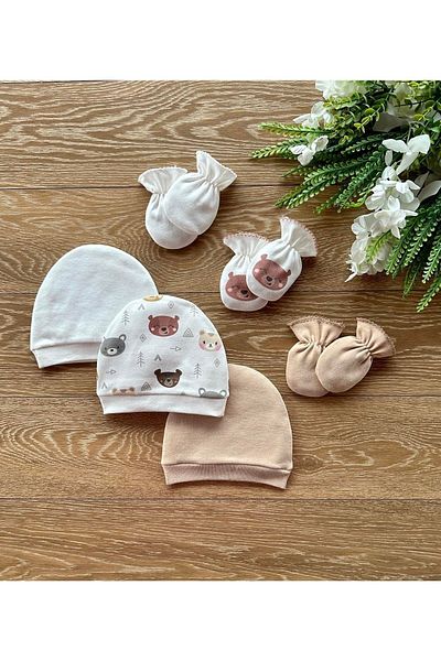 Renkli Puset Organic 6-Piece Newborn Baby Gloves Hat Set Bears