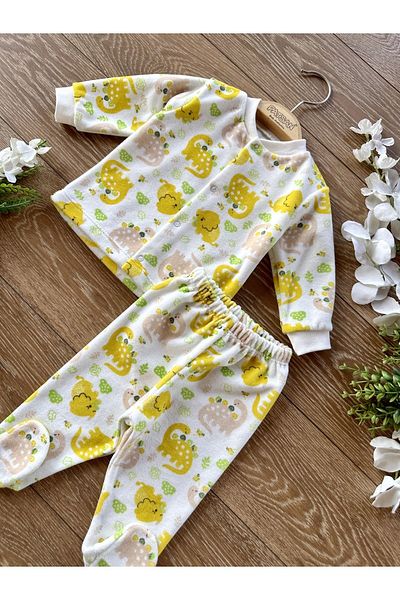 Renkli Puset 2-Piece Velvet Winter Baby Pajama Set with Top and Bottom Booties Yellow Dinosaur