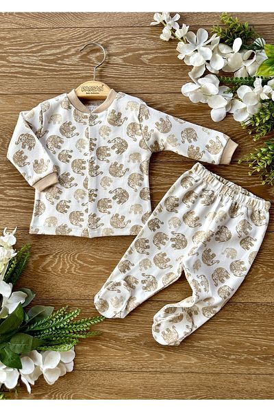 Renkli Puset 2-Piece Combed Cotton Bottom Top Booties Baby Pajama Set Elephant Brown