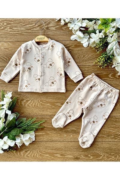Renkli Puset 2-Piece Combed Cotton Booties Baby Pajama Set Koala