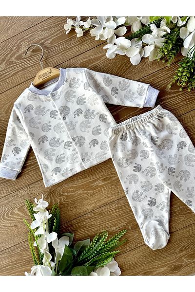 Renkli Puset 2-Piece Combed Cotton Baby Pajama Set with Bottom and Top Booties Elephant Gray