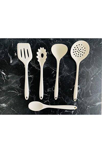 morponi 5 Piece All Silicone Fireproof Non-Stick Silicone Kitchen Set Cream Color