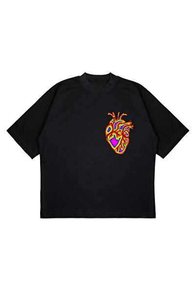 SELF CONTROL Dizajn srca na rendgenu - Oversize kroj crna T-shirt