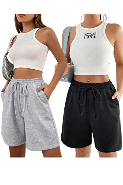 pandy Siyah Gri 2'li Düz Renk Kadın Regular Şort