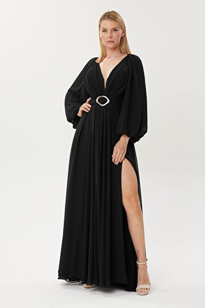 HaHelin Belden Kemer   Detaylı Şifon Uzun Abiye Elbise