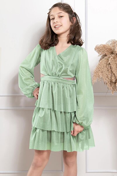 SUBU TASARIM Frilly Glittery Tulle Children's Evening Dress Green Mdv308