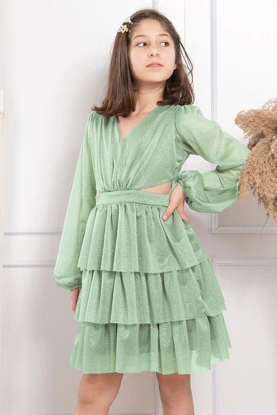 SUBU TASARIM Frilly Glittery Tulle Children's Evening Dress Green Mdv308