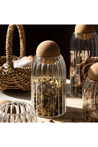 Qerhome طقم وعاء زجاجي مخطط مكون من 3 قطع مع غطاء من الفلين ووعاء توابل