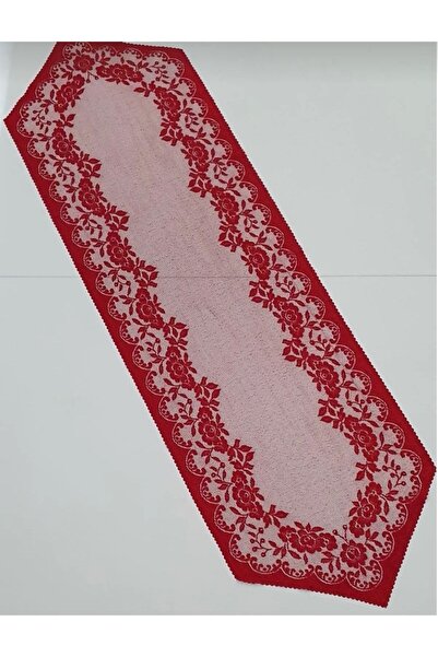 WENESSİ Güllü Desen Örme Tül Runner Örtüsü 40x140 (KIRMIZI)