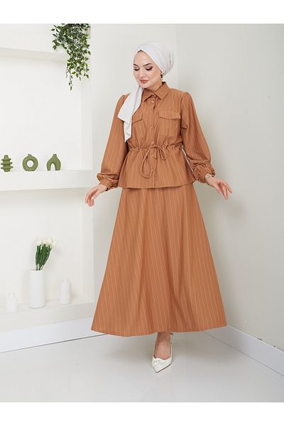 VOLT CLOTHİNG Kadın Bel Büzgülü Gömlek Yaka Çizgili Etekli Takım
