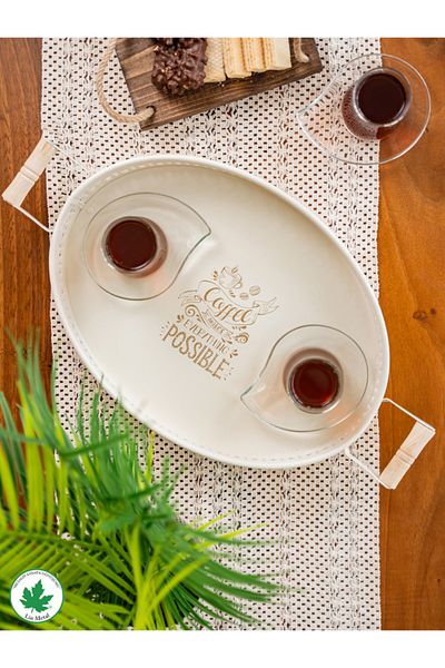 linmetal 37cm Oval Patterned Tulipa Serving Tray with Wooden Handles - Brown (Printed?)