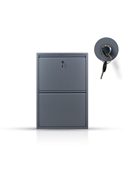 Moemi 2 Kapaklı Raflı Antrasit Metal Ayakkabılık Kilit Mekanizmalı