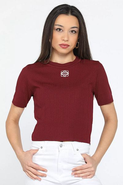 GÜLSELİ Bluză de damă din Lycra Burgundy - Decolteu și broderie în față