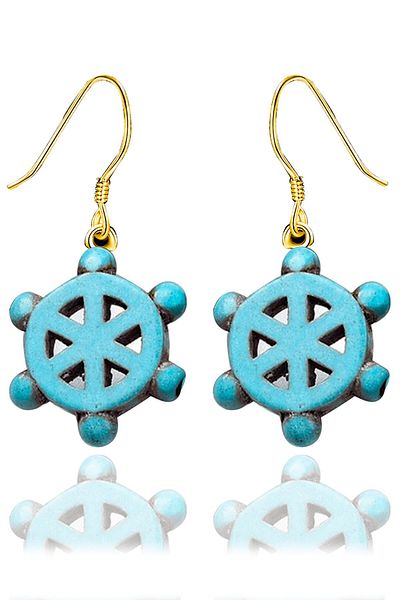 Tesbih Atölyesi Gold Ship Wheel - Turquoise and Turquoise Stone Earrings