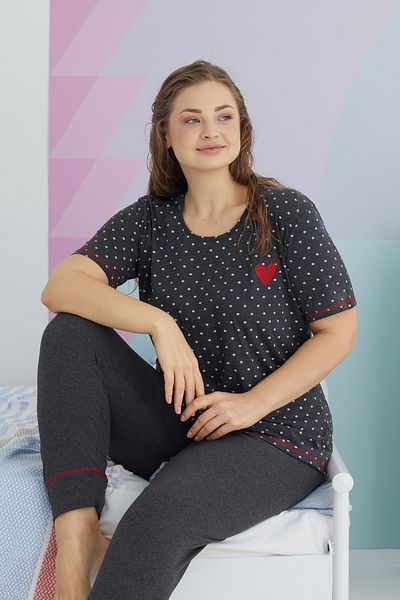 Siyah İnci Σετ Πιτζάμες Πλεκτό Βαμβακερό Ανθρακί Curve Plus Size - King Size