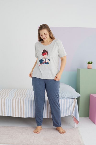 Siyah İnci Large Size Oversize Cotton Knitted Pajamas Set - Multicolor Curve