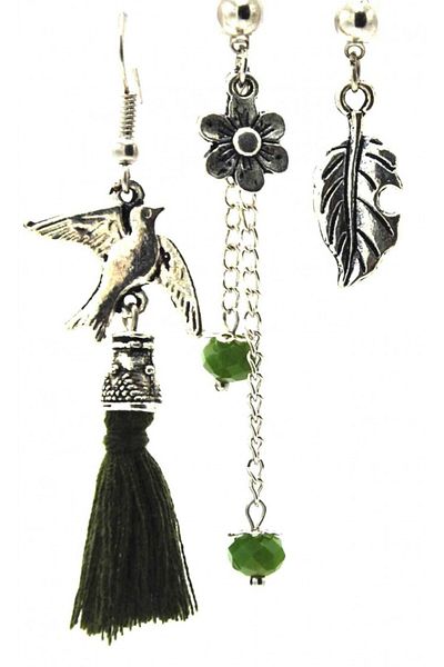 AKIN AKSESUAR HEDİYELİK 3-Piece Tasseled Authentic Bird - Leaf Flower Figured Earrings