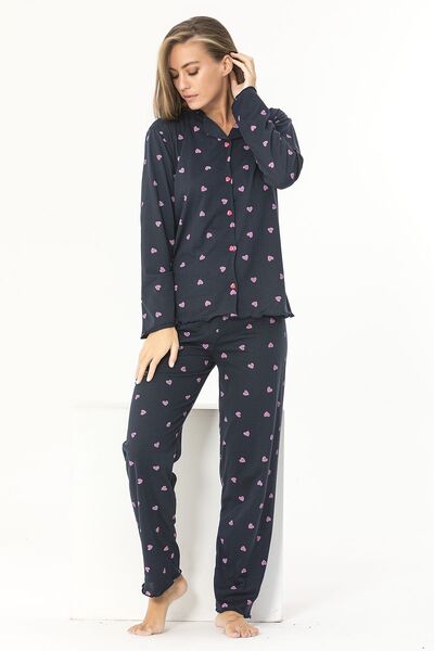 Sude HOMEWEAR КОМПЛЕКТ ПИЖАМИ С ДЪЛЪГ РЪКАВ ТЪМНОСИНЯ РИЗА С ШАРКИ СЪРЦЕ