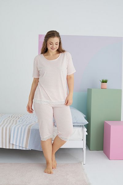 Siyah İnci Large Size Oversize Cotton Curve Capri Set - Multicolored