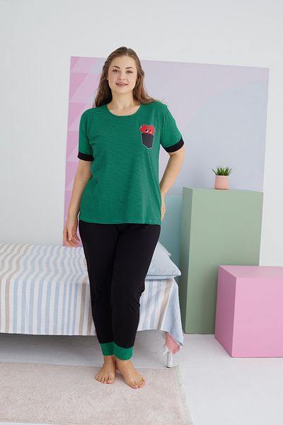 Siyah İnci Πολύχρωμο Σετ Πιτζάμες Curve Plus Size Oversize Βαμβακερές πλεκτές πιτζάμες