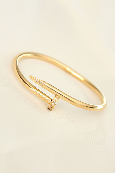 Moka Shopin Gold Colored 316L Steel Stoned Nail Model Cuff Bracelet