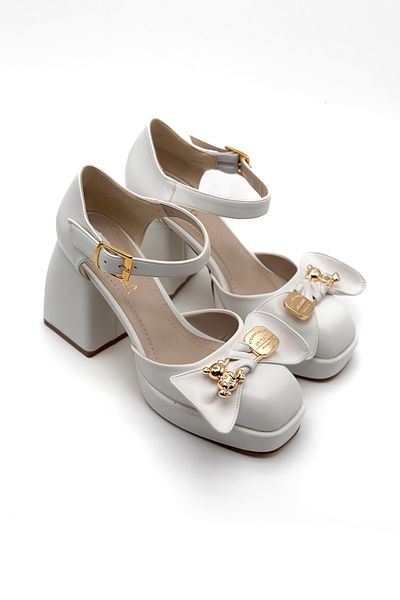 Shoebutik White Leather Buckle Sky Platform Women's Shoes