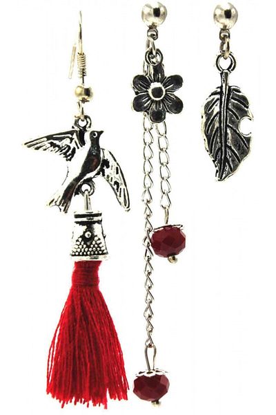 AKIN AKSESUAR HEDİYELİK 3-Piece Tasseled Authentic Bird - Leaf Flower Figured Earrings