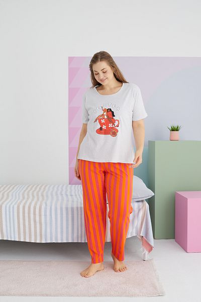 Siyah İnci Large Size Oversize Cotton Knitted Pajamas Set - Multicolor Curve