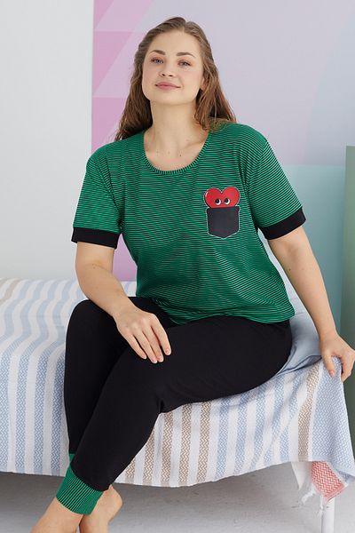 Siyah İnci Πολύχρωμο Σετ Πιτζάμες Curve Plus Size Oversize Βαμβακερές πλεκτές πιτζάμες