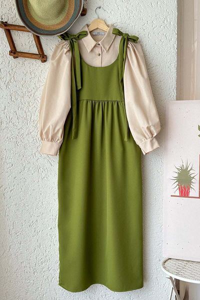 Ceylan Otantik Oil Green Crop Shirt Set - Tie-Up Sleeve, Cream Gilet