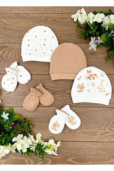 PATSAN 6-Piece Organic Cotton New Baby Hat and Gloves Set - Bear Squirrel