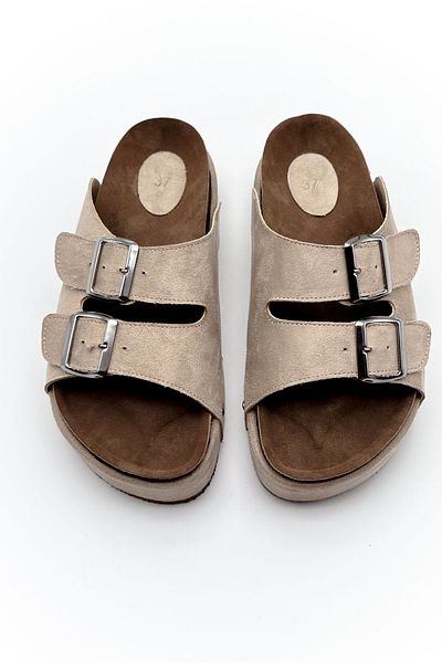 Shoebutik High-Sole Beige Studded Denis Women's Slippers