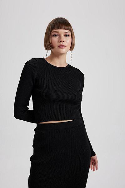 DeFacto Crop Crew Neck Glitter Fabric Knitwear Sweater B6323Ax23Au