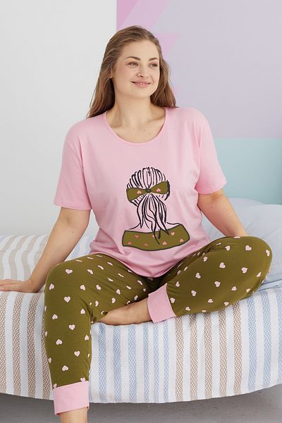 Siyah İnci Large Size Oversize Knitted Cotton Pajamas Set - Multicolored Curve