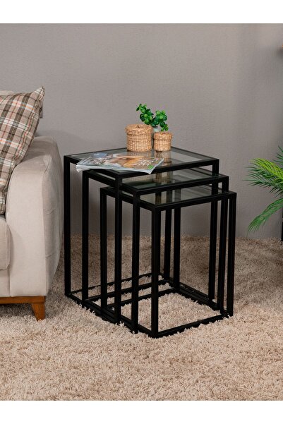 tino furniture Arya 3'lü Şeffaf Camlı Zigon Servis Sehpa