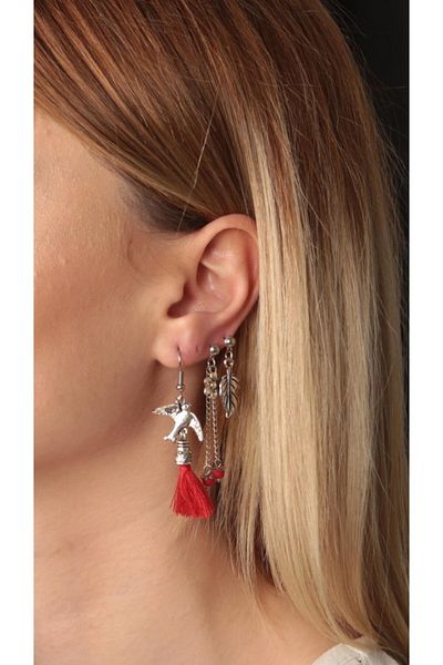 AKIN AKSESUAR HEDİYELİK 3-Piece Tasseled Authentic Bird - Leaf Flower Figured Earrings
