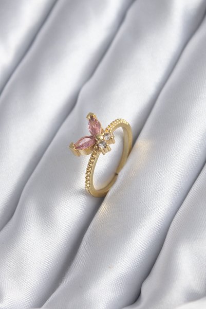 Moka Shopin Gold Color Pink Zircon Stone Butterfly Model Women's Ring