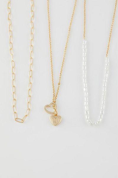 DeFacto Damen-Goldkette mit drei Perlen und Herzen, C8298axns