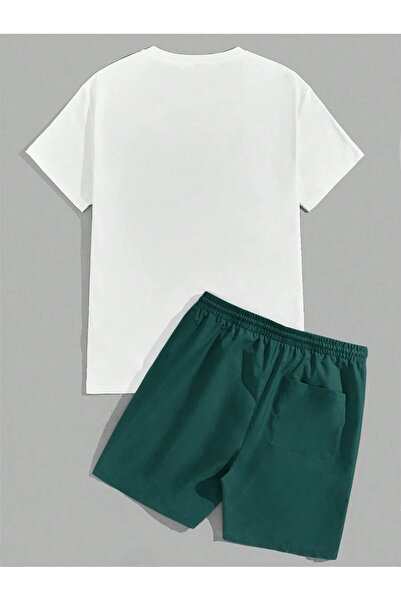 Hunors Sportswear & Company Bílé tričko Reneissance a zelené kraťasy – sada obleků s potiskem Crew Neck