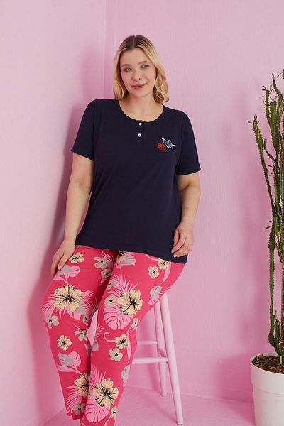 Siyah İnci Πολύχρωμο Σετ Πιτζάμες Curve Plus Size Oversize Βαμβακερές πλεκτές πιτζάμες