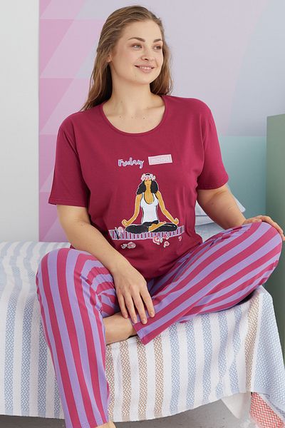 Siyah İnci Large Size Oversize Cotton Knitted Pajamas Set - Multicolor Curve