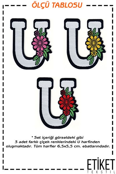 FANTASTIC ARMA Țesătură adezivă cu fier de călcat - Patch Patch Litere florale Model Litera U (3 buc.)