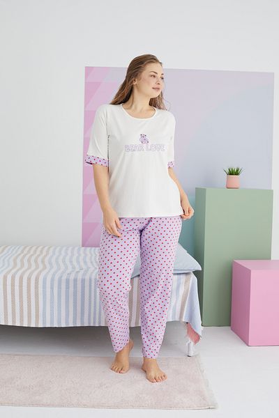 Siyah İnci Large Size Oversize Cotton Knitted Pajamas Set - Multicolor Curve